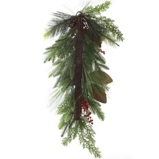 Pinecone and Red Berry Mixed Leaf Christmas Teardrop Swag Christmas Wreaths|