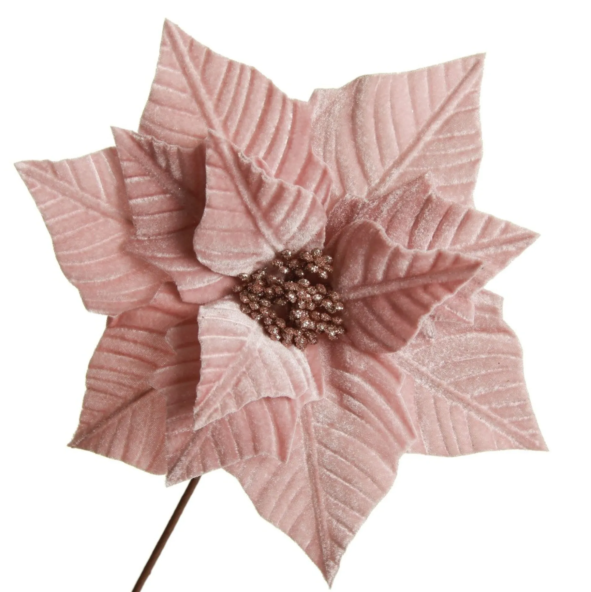 Pink Embossed Poinsettia Flower Stem with Glitter Centre Christmas Flowers|
