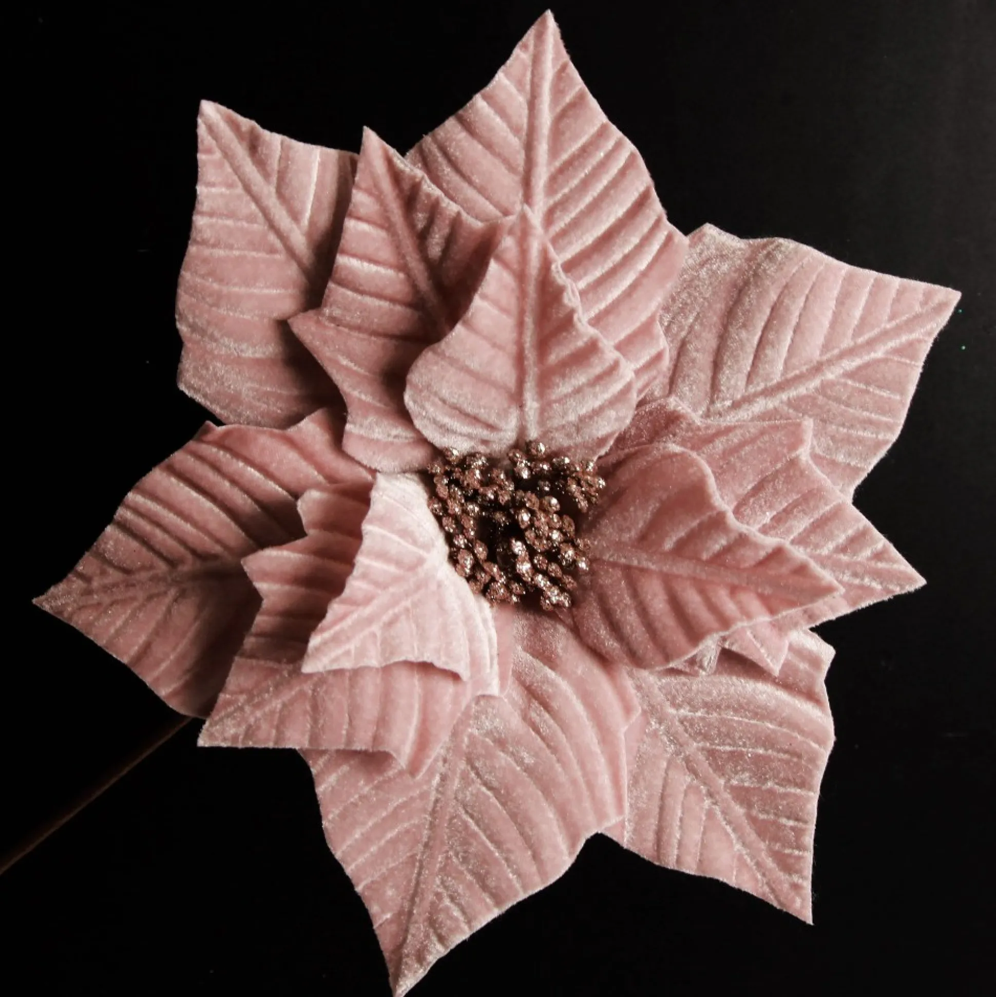 Pink Embossed Poinsettia Flower Stem with Glitter Centre Christmas Flowers|