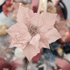 Pink Embossed Poinsettia Flower Stem with Glitter Centre Christmas Flowers|
