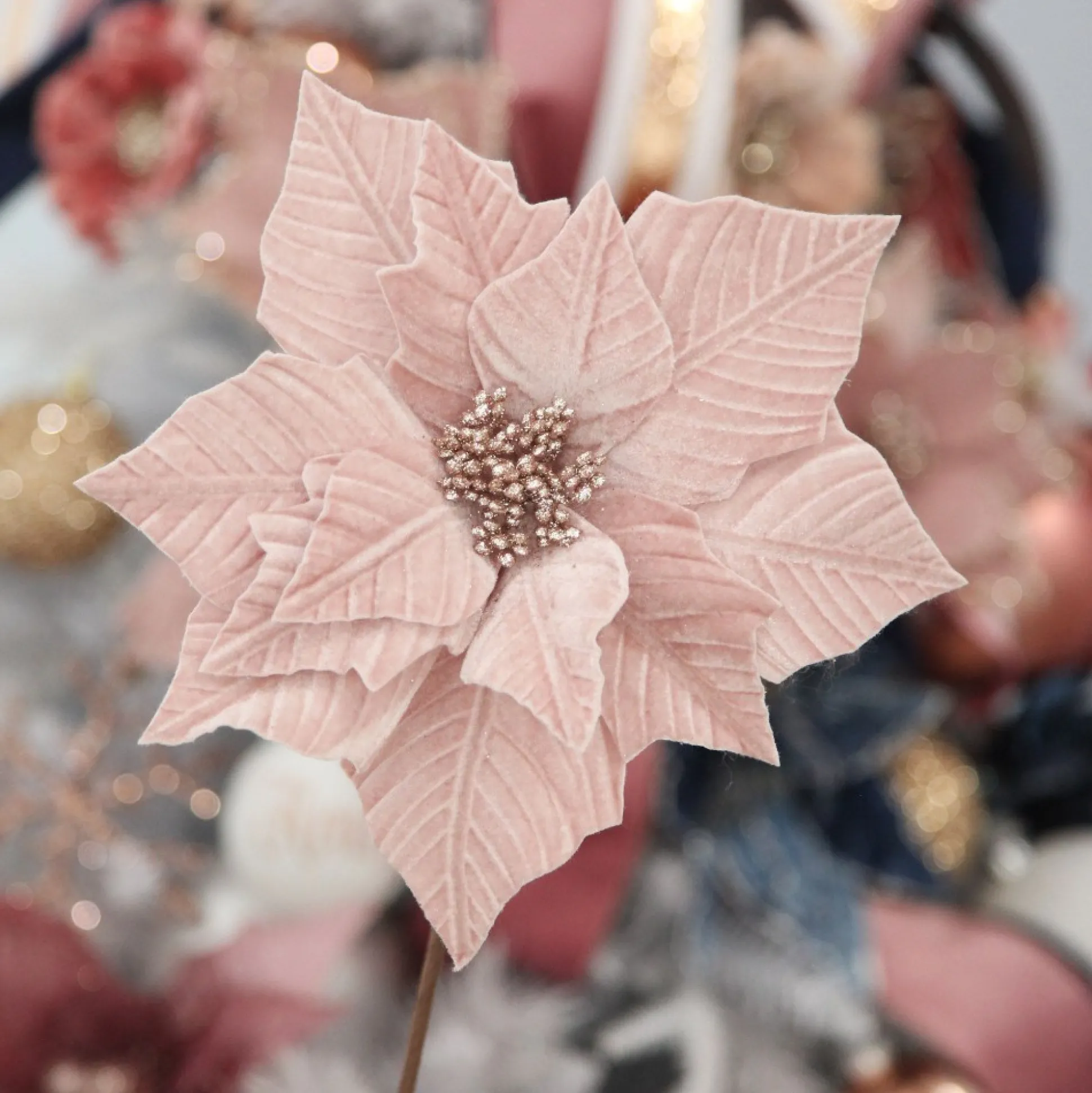 Pink Embossed Poinsettia Flower Stem with Glitter Centre Christmas Flowers|