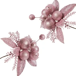 Pink Glitter Ball and Leaf Pick - Set of 2 Christmas Pick|Pink Glitter Ball And Leaf Pick - Set Of 2