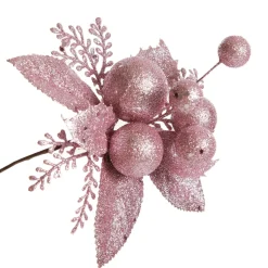 Pink Glitter Ball and Leaf Pick - Set of 2 Christmas Pick|Pink Glitter Ball And Leaf Pick - Set Of 2