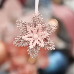 Pink Glitter Flower Christmas Tree Decoration Snowflakes And Stars|