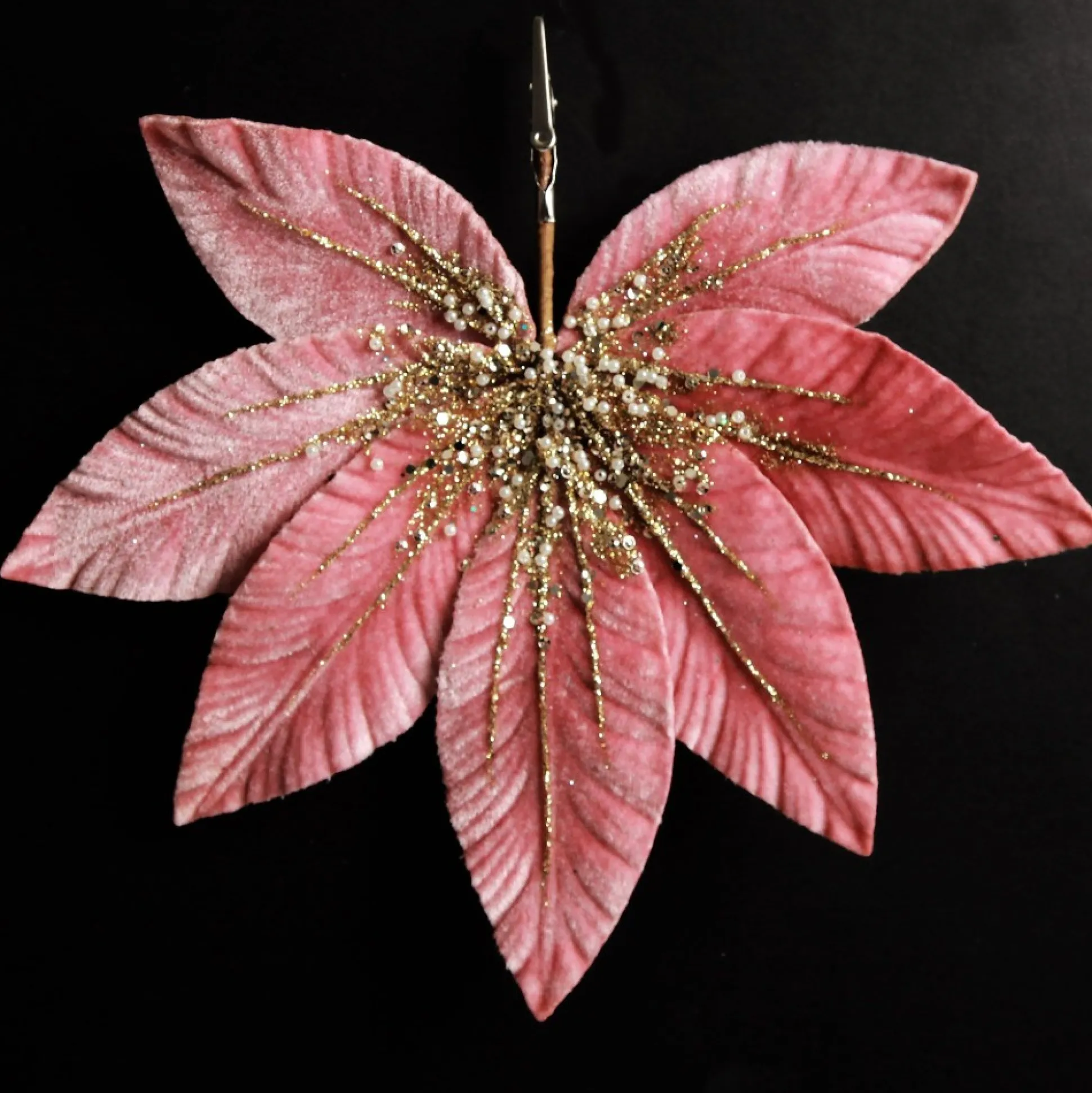 Pink Velour Fan Flower Clip with Jewel Centre Christmas Flowers|