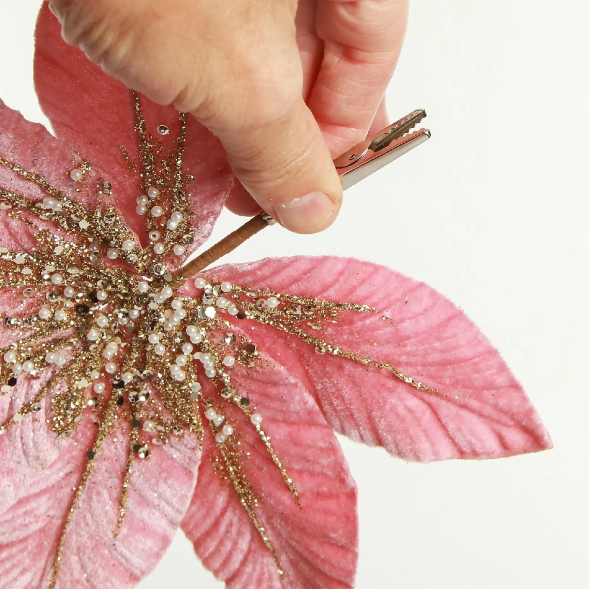 Pink Velour Fan Flower Clip with Jewel Centre Christmas Flowers|