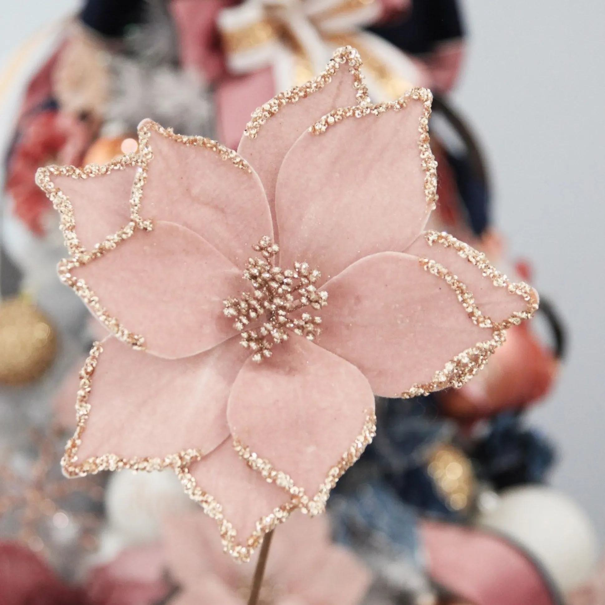 Pink Velour Poinsettia Flower Stem with Glitter Edge Christmas Flowers|