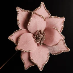 Pink Velour Poinsettia Flower Stem with Glitter Edge Christmas Flowers|