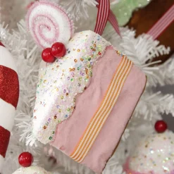 Pink Velvet Cake Slice with Frosting and Sprinkles Tree Decoration Christmas Tree Decorations|