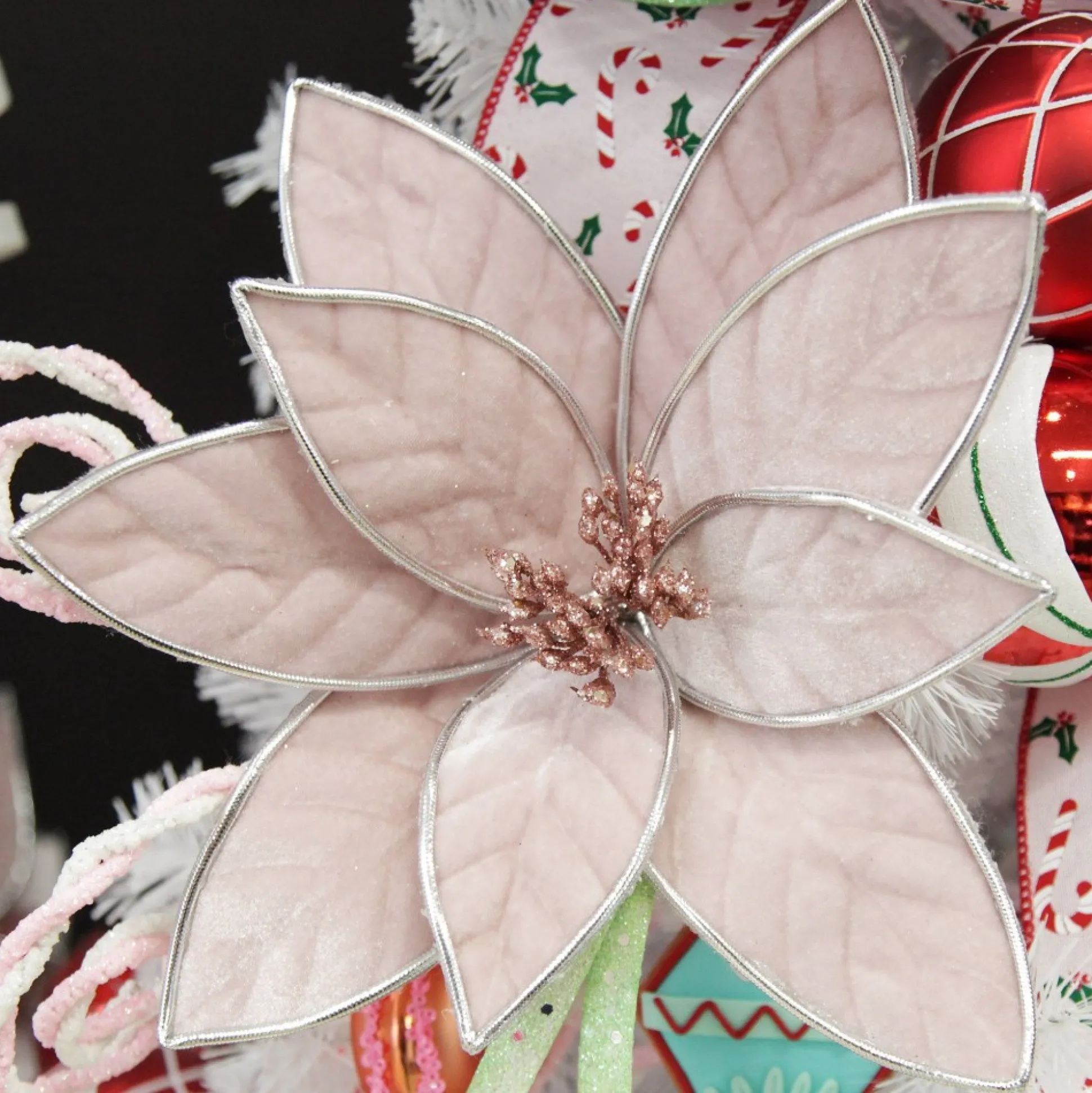 Pink Velvet Flower Stem with Silver Trim Christmas Flowers|