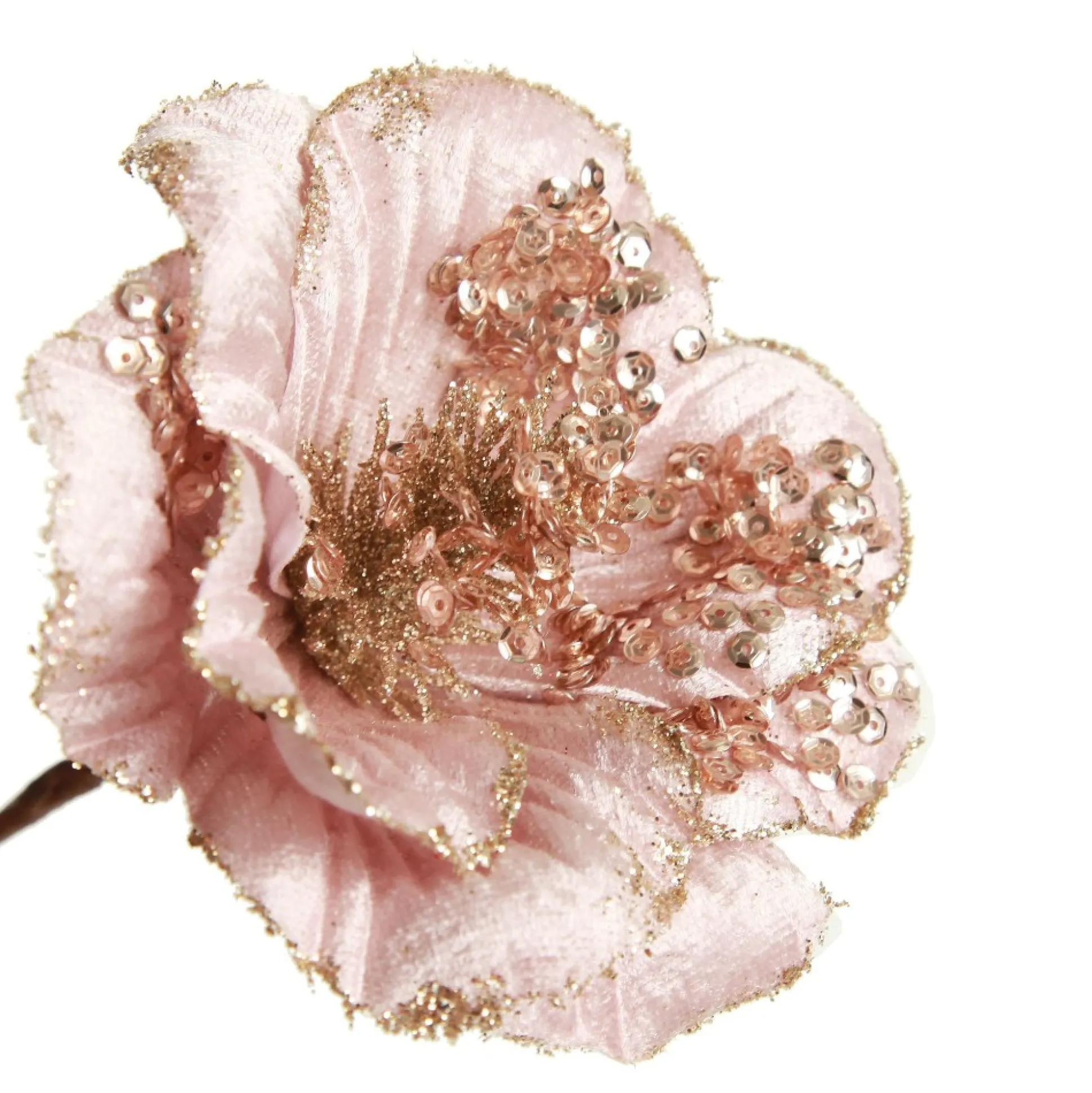 Pink Velvet Magnolia Flower with Champagne Sequin Tips Christmas Flowers|