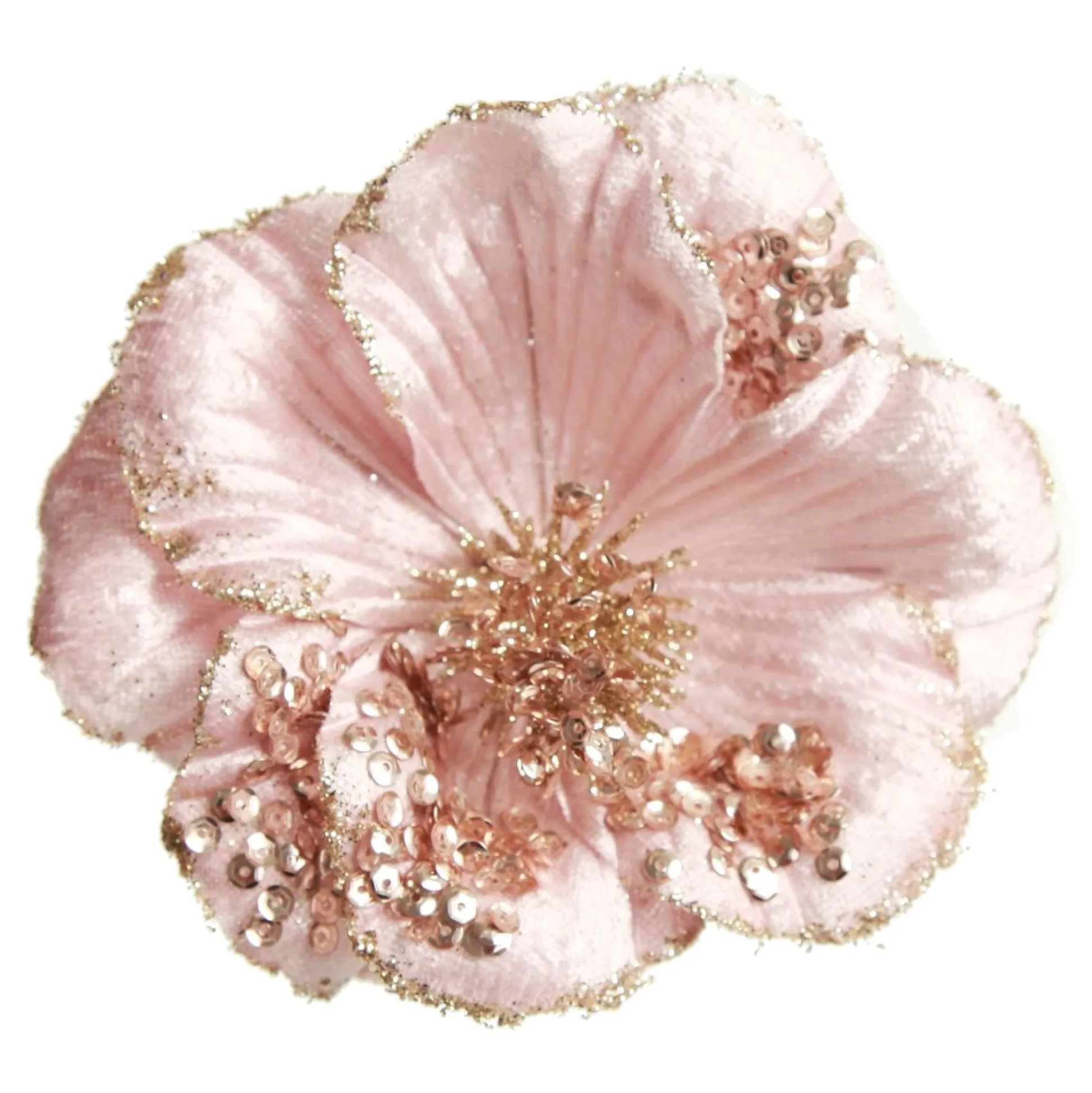 Pink Velvet Magnolia Flower with Champagne Sequin Tips Christmas Flowers|