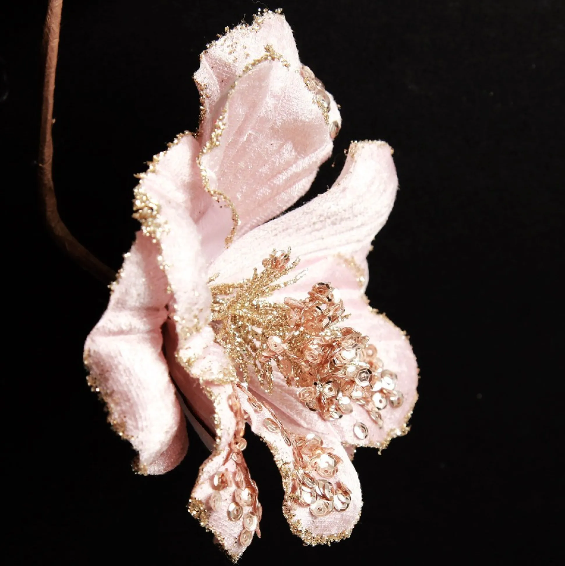 Pink Velvet Magnolia Flower with Champagne Sequin Tips Christmas Flowers|