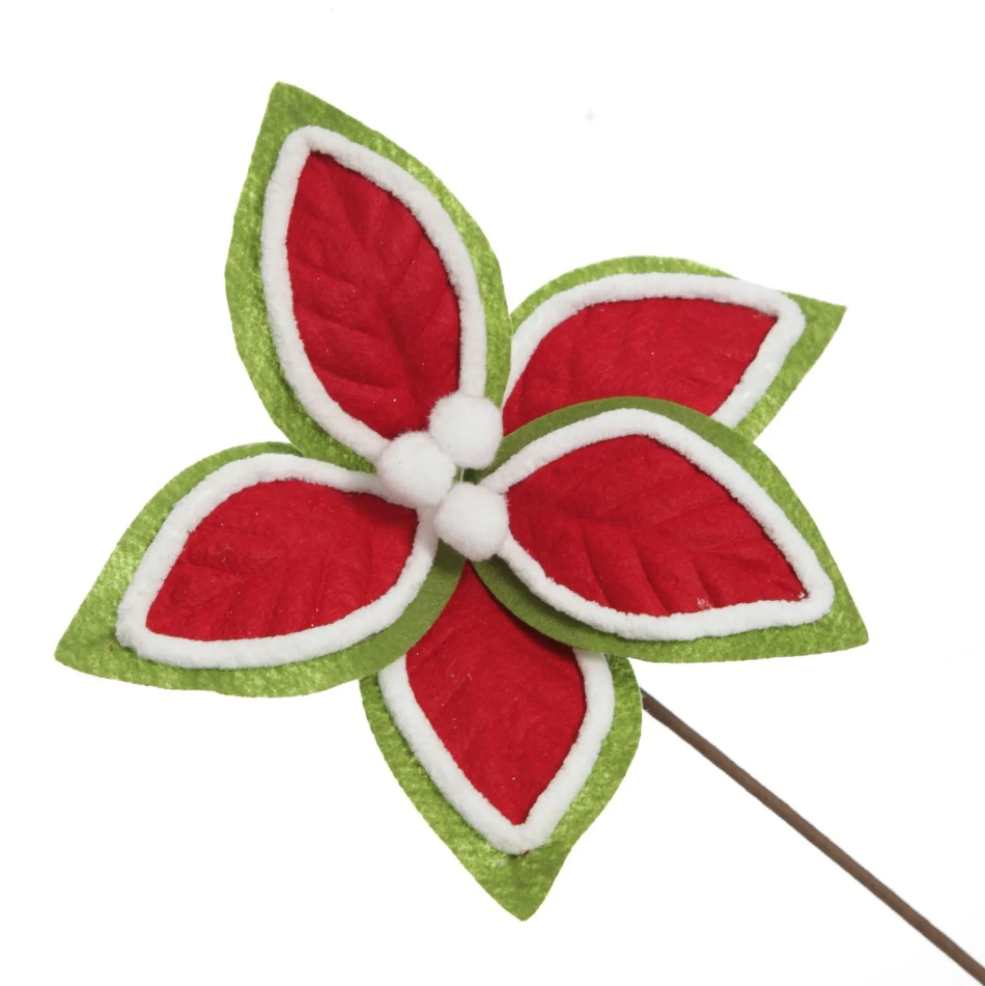 Red and Green Felt Flower Stem with Fur Trim Christmas Flowers|