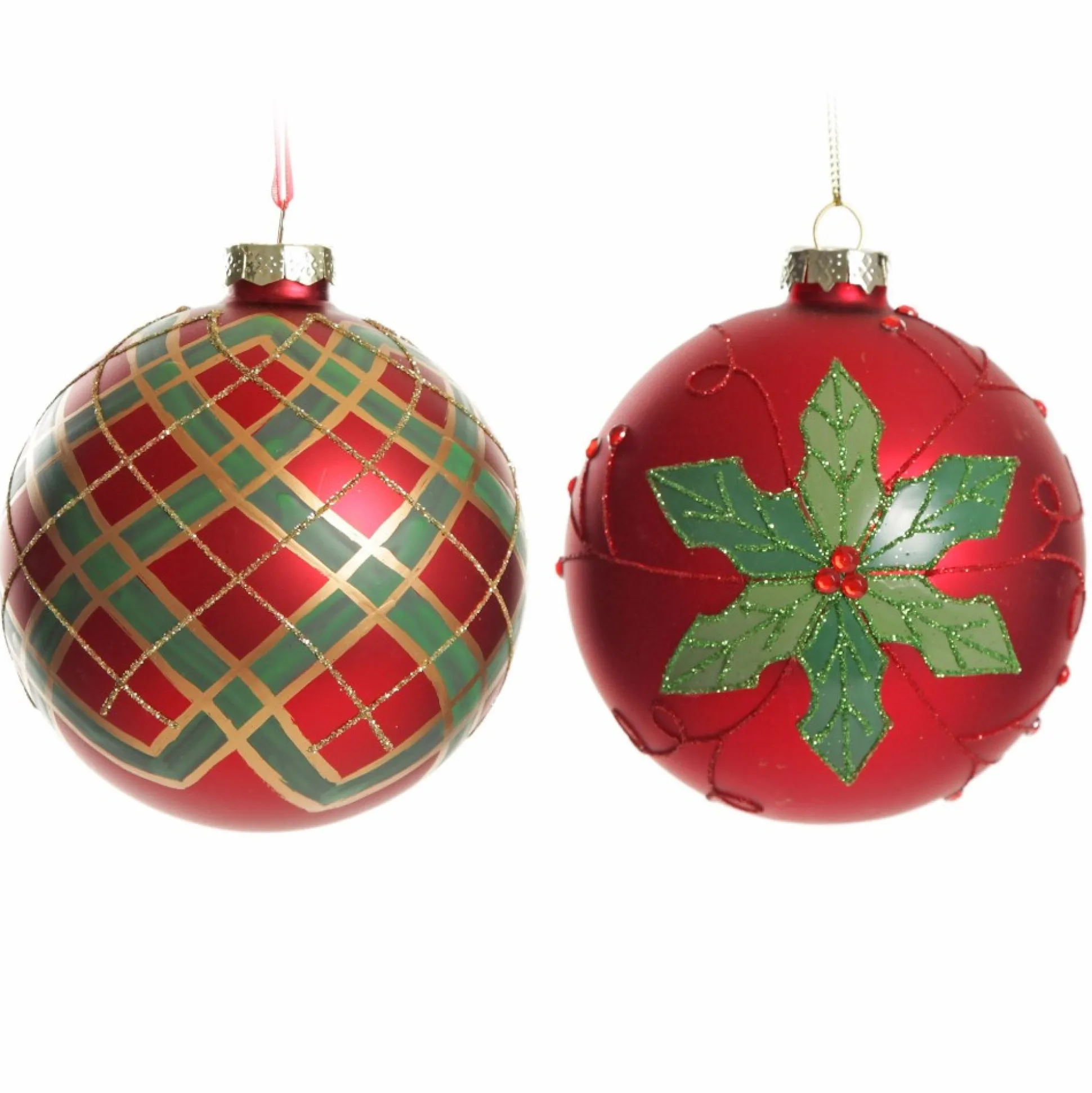 Red and Green Painted Holly and Tartan Christmas Baubles - Set of 2 Christmas Bauble Sets|