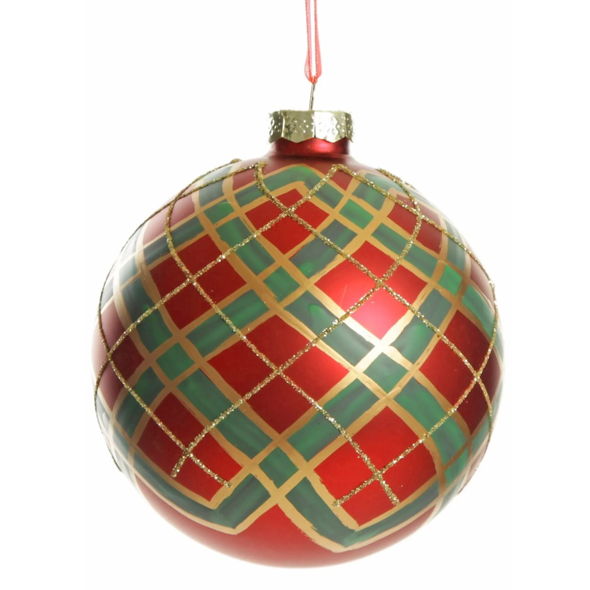 Red and Green Painted Holly and Tartan Christmas Baubles - Set of 2 Christmas Bauble Sets|