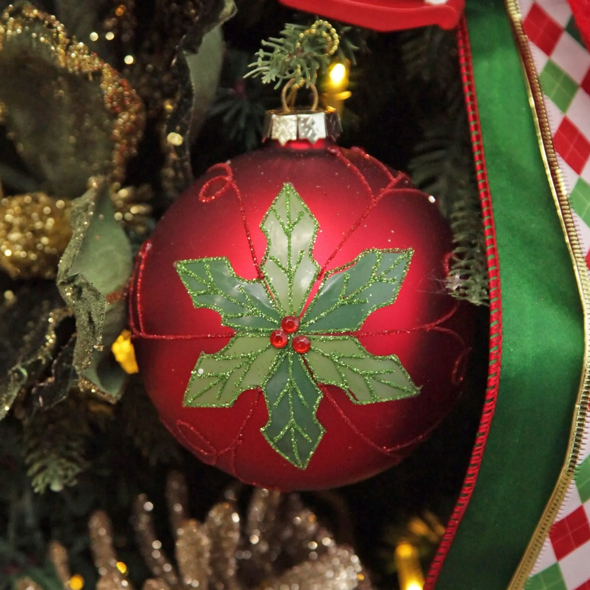 Red and Green Painted Holly and Tartan Christmas Baubles - Set of 2 Christmas Bauble Sets|