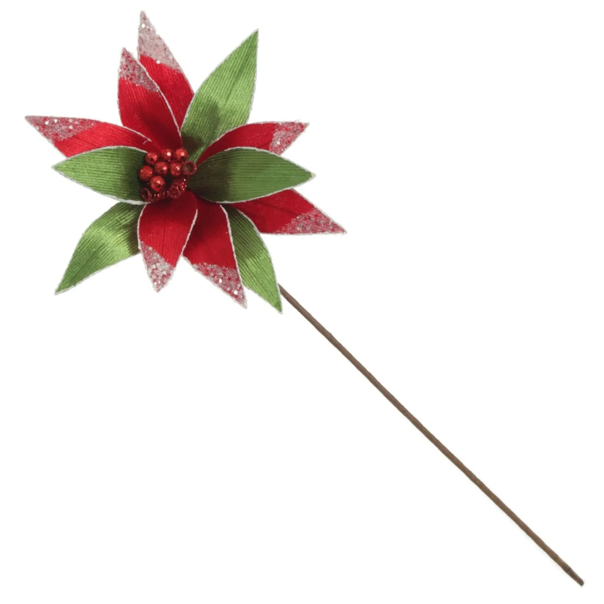 Red and Green Ribbed Flower Stem with White Glitter Trim and Sequins Christmas Flowers|