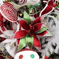 Red and Green Ribbed Flower Stem with White Glitter Trim and Sequins Christmas Flowers|