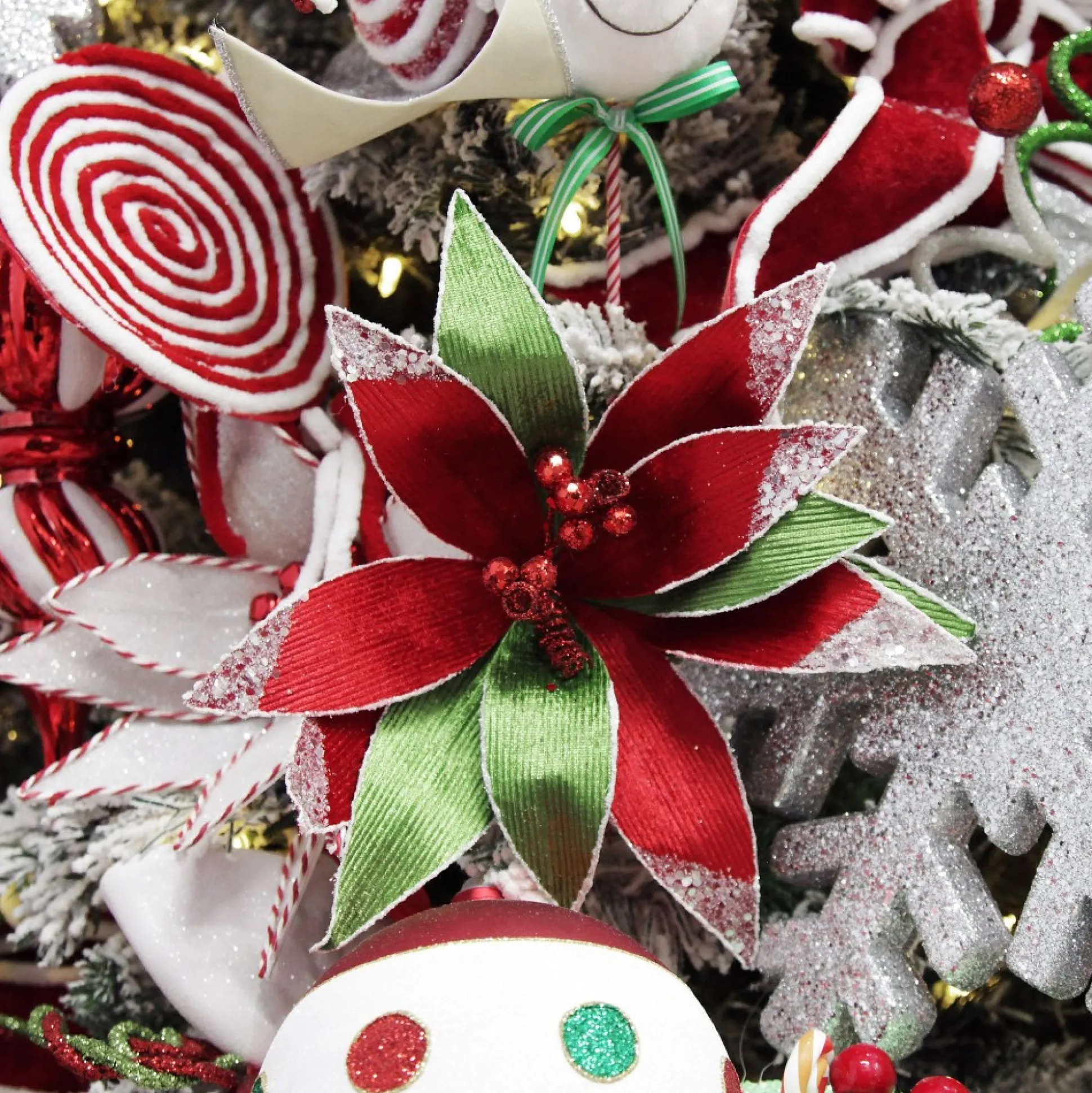 Red and Green Ribbed Flower Stem with White Glitter Trim and Sequins Christmas Flowers|