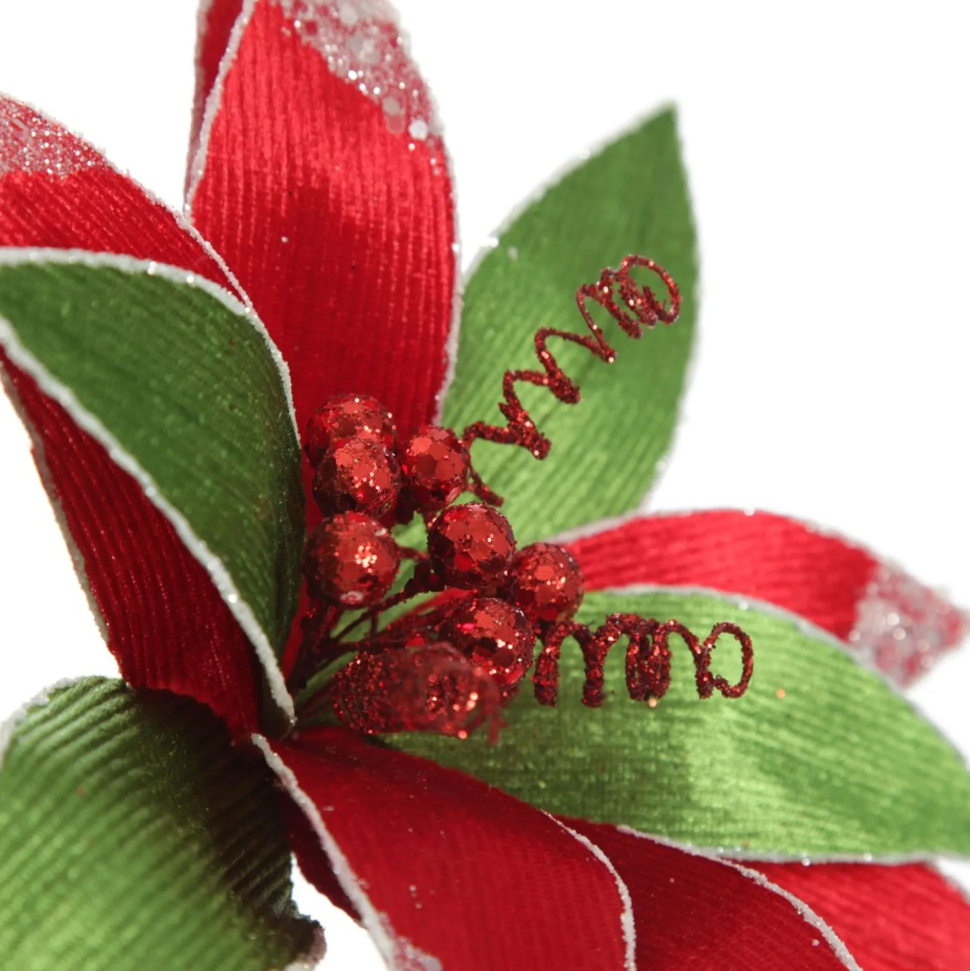 Red and Green Ribbed Flower Stem with White Glitter Trim and Sequins Christmas Flowers|