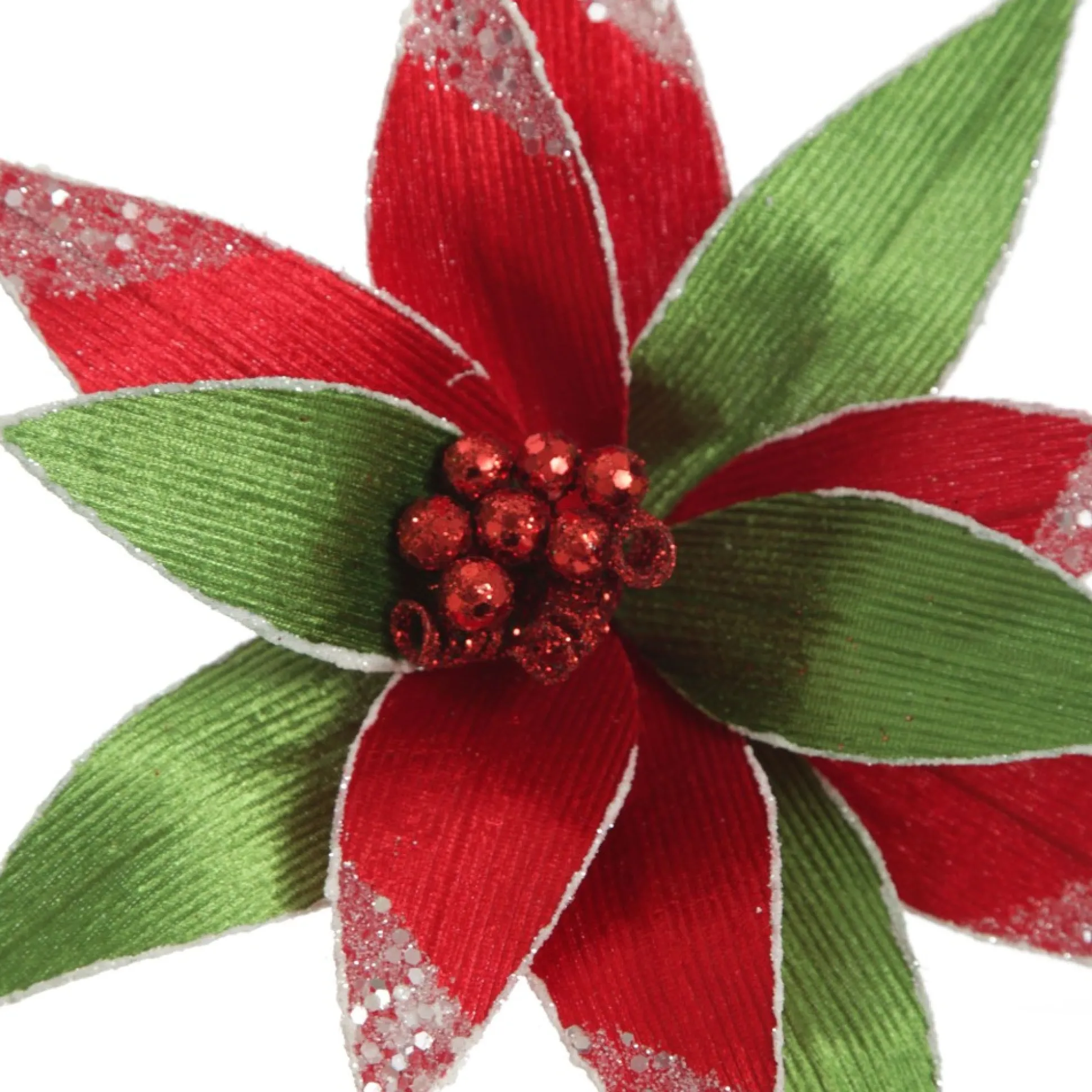 Red and Green Ribbed Flower Stem with White Glitter Trim and Sequins Christmas Flowers|
