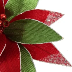 Red and Green Ribbed Flower Stem with White Glitter Trim and Sequins Christmas Flowers|