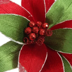 Red and Green Ribbed Flower Stem with White Glitter Trim and Sequins Christmas Flowers|