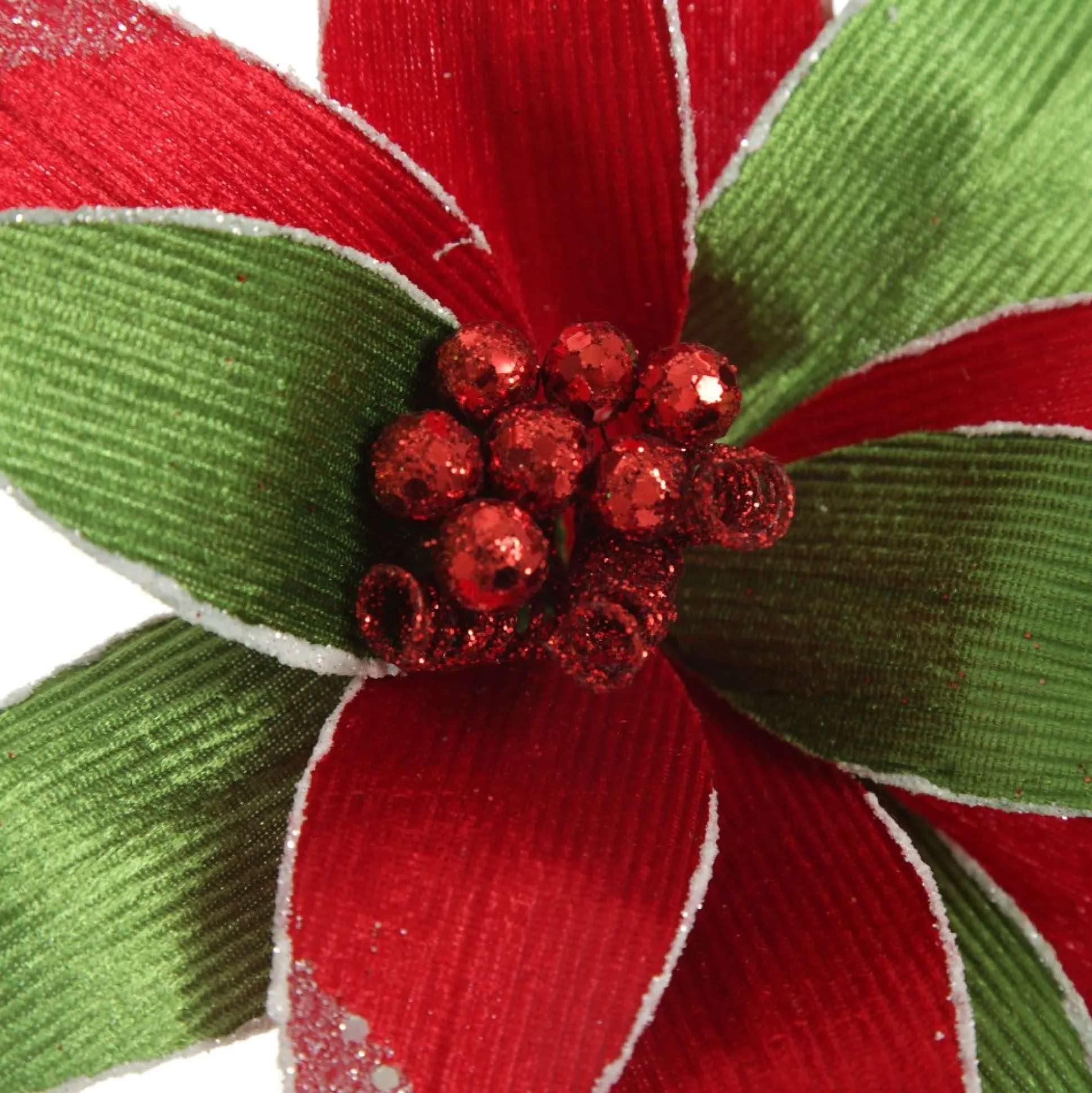 Red and Green Ribbed Flower Stem with White Glitter Trim and Sequins Christmas Flowers|