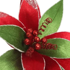 Red and Green Ribbed Flower Stem with White Glitter Trim and Sequins Christmas Flowers|