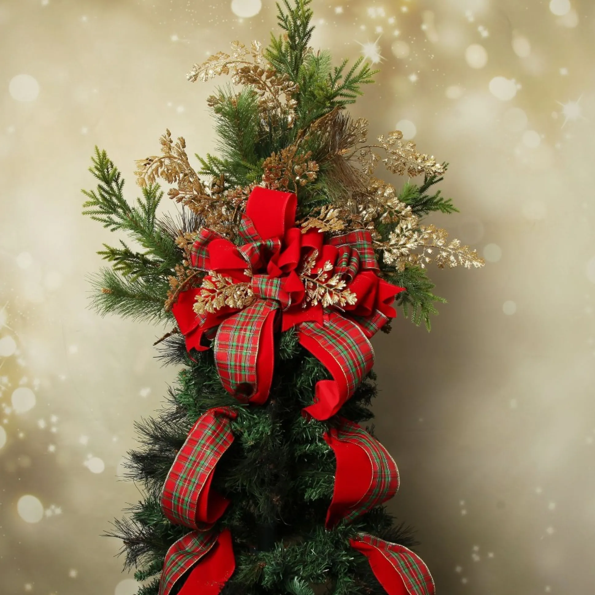 Red and Green Tartan Deluxe Tree Topper Bow with Streamers Tree Toppers|
