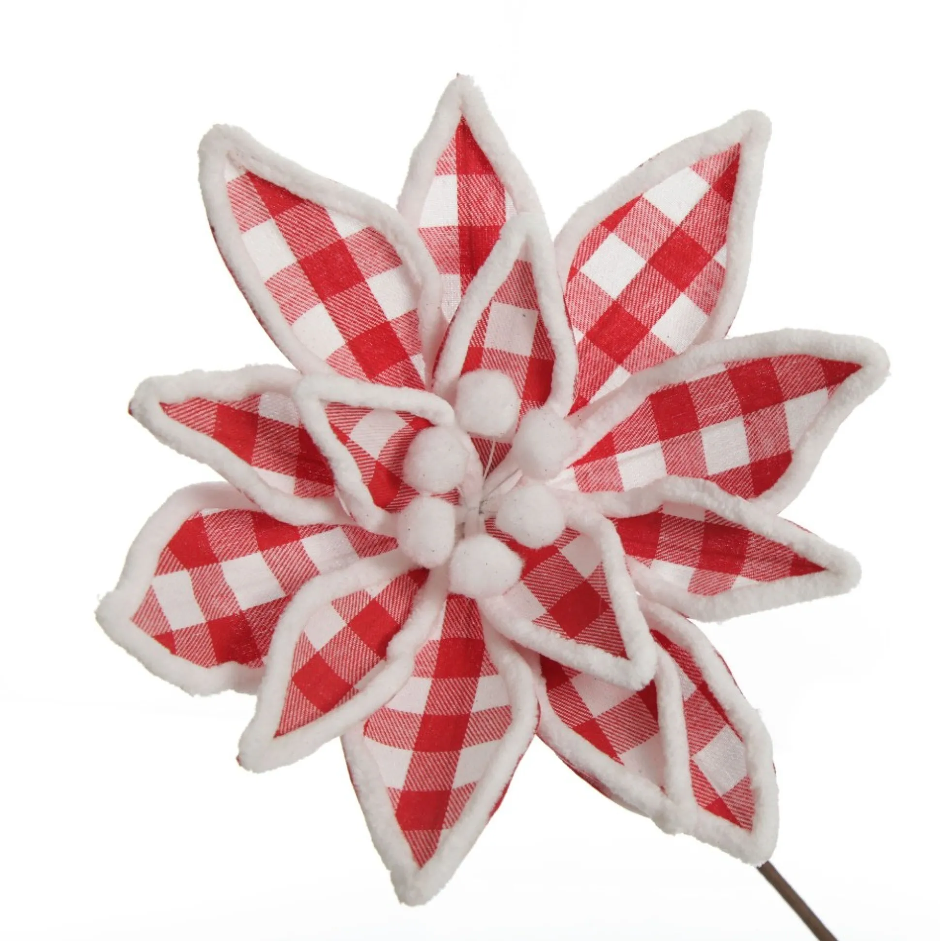 Red and White Check Flower Stem with Fur Trim Christmas Flowers|