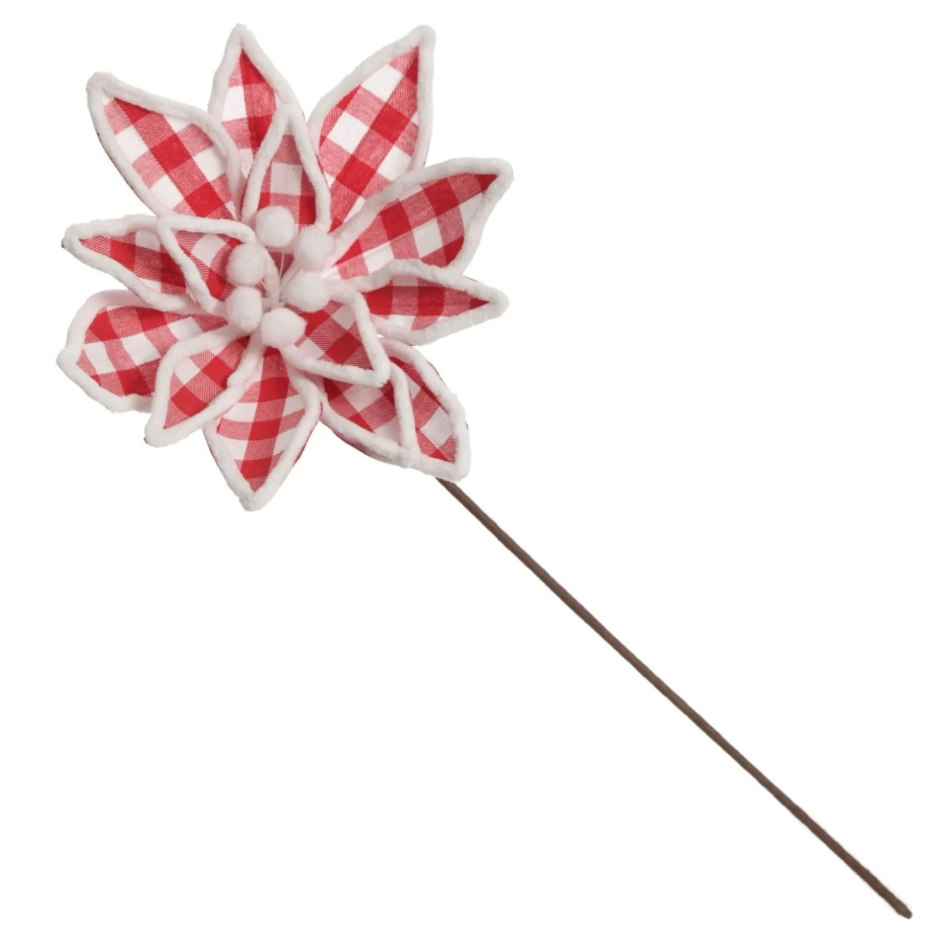 Red and White Check Flower Stem with Fur Trim Christmas Flowers|