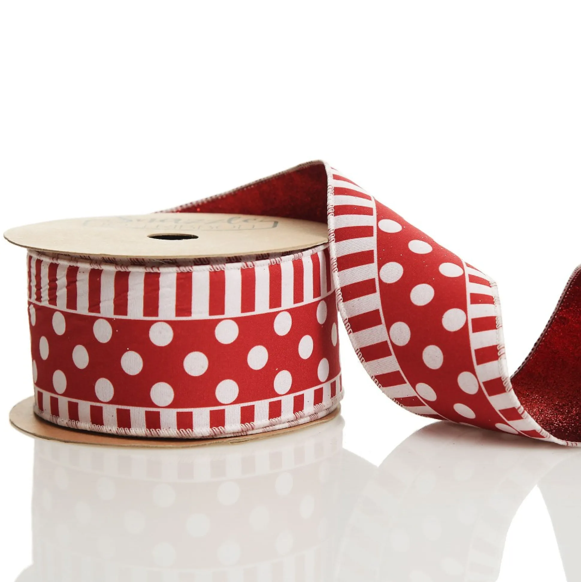 Red and White Dots and Stripe Candy Cane Christmas Ribbon - 6.5cm Ribbons|