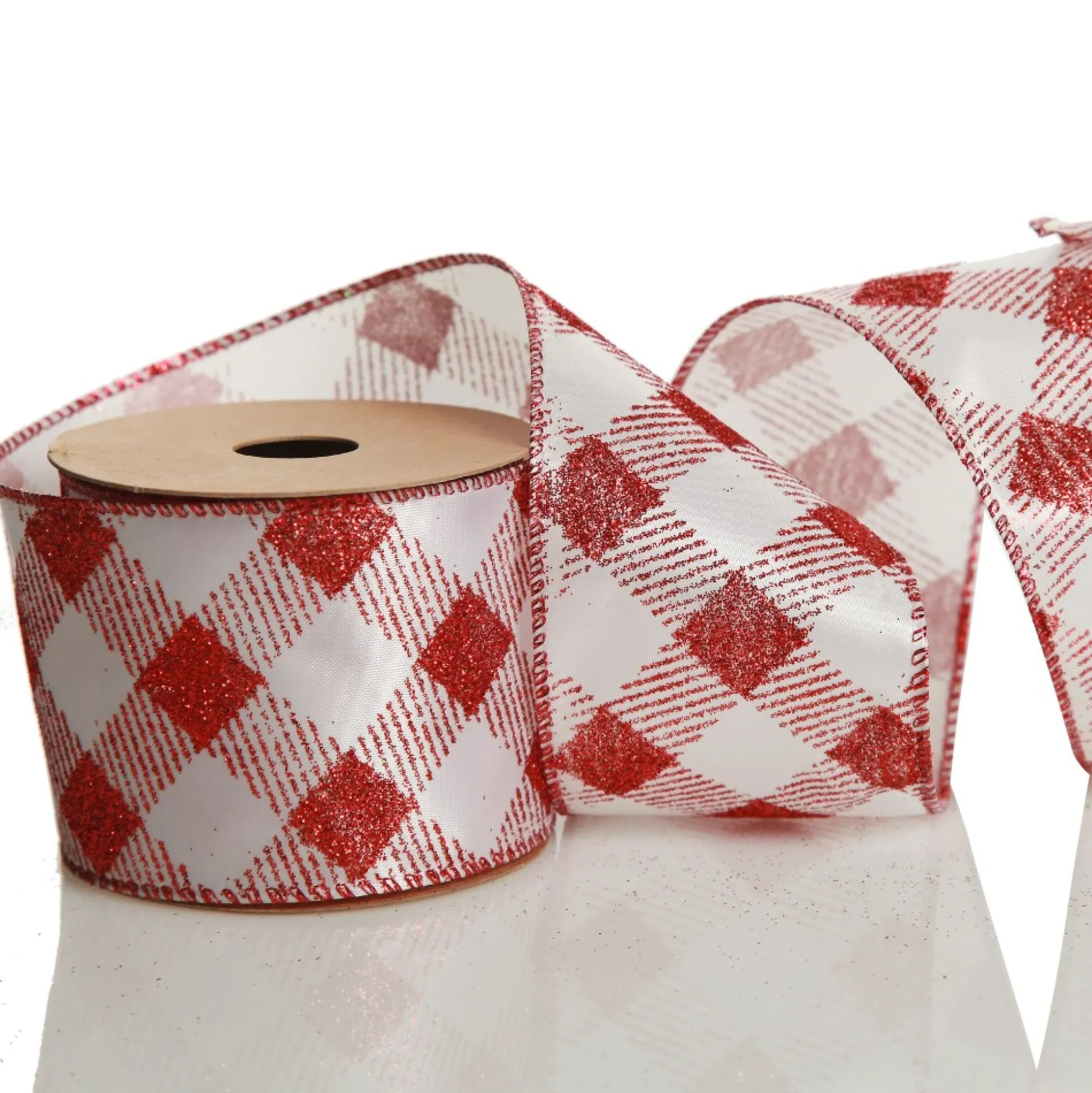 Red and White Gingham Pattern Wired Christmas Ribbon Ribbons|