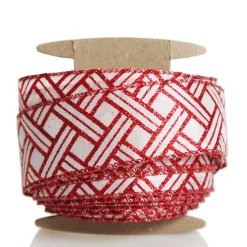 Red and White Glitter Basket Weave Pattern Wired Ribbon - 3.75cm Ribbons|Red And White Glitter Basket Weave Pattern Wired Ribbon - 3.75Cm