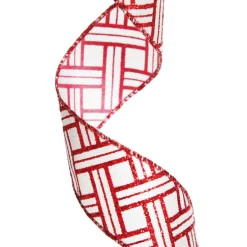 Red and White Glitter Basket Weave Pattern Wired Ribbon - 3.75cm Ribbons|Red And White Glitter Basket Weave Pattern Wired Ribbon - 3.75Cm