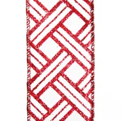 Red and White Glitter Basket Weave Pattern Wired Ribbon - 3.75cm Ribbons|Red And White Glitter Basket Weave Pattern Wired Ribbon - 3.75Cm