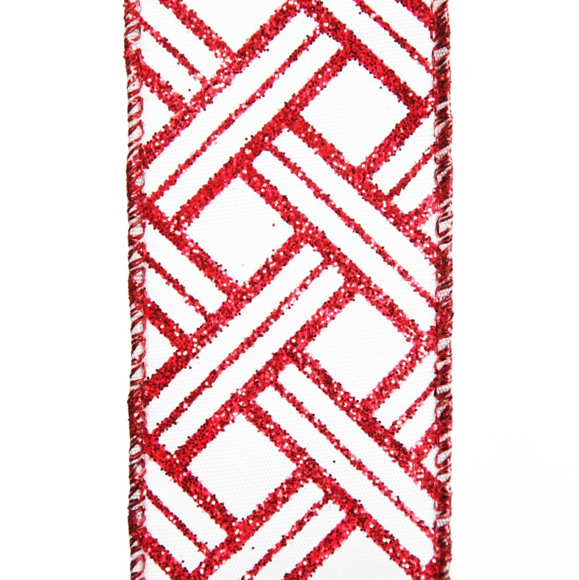 Red and White Glitter Basket Weave Pattern Wired Ribbon - 3.75cm Ribbons|Red And White Glitter Basket Weave Pattern Wired Ribbon - 3.75Cm
