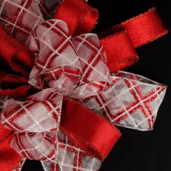Red and White Glitter Plaid Deluxe Tree Topper Bow with Streamers Tree Toppers|