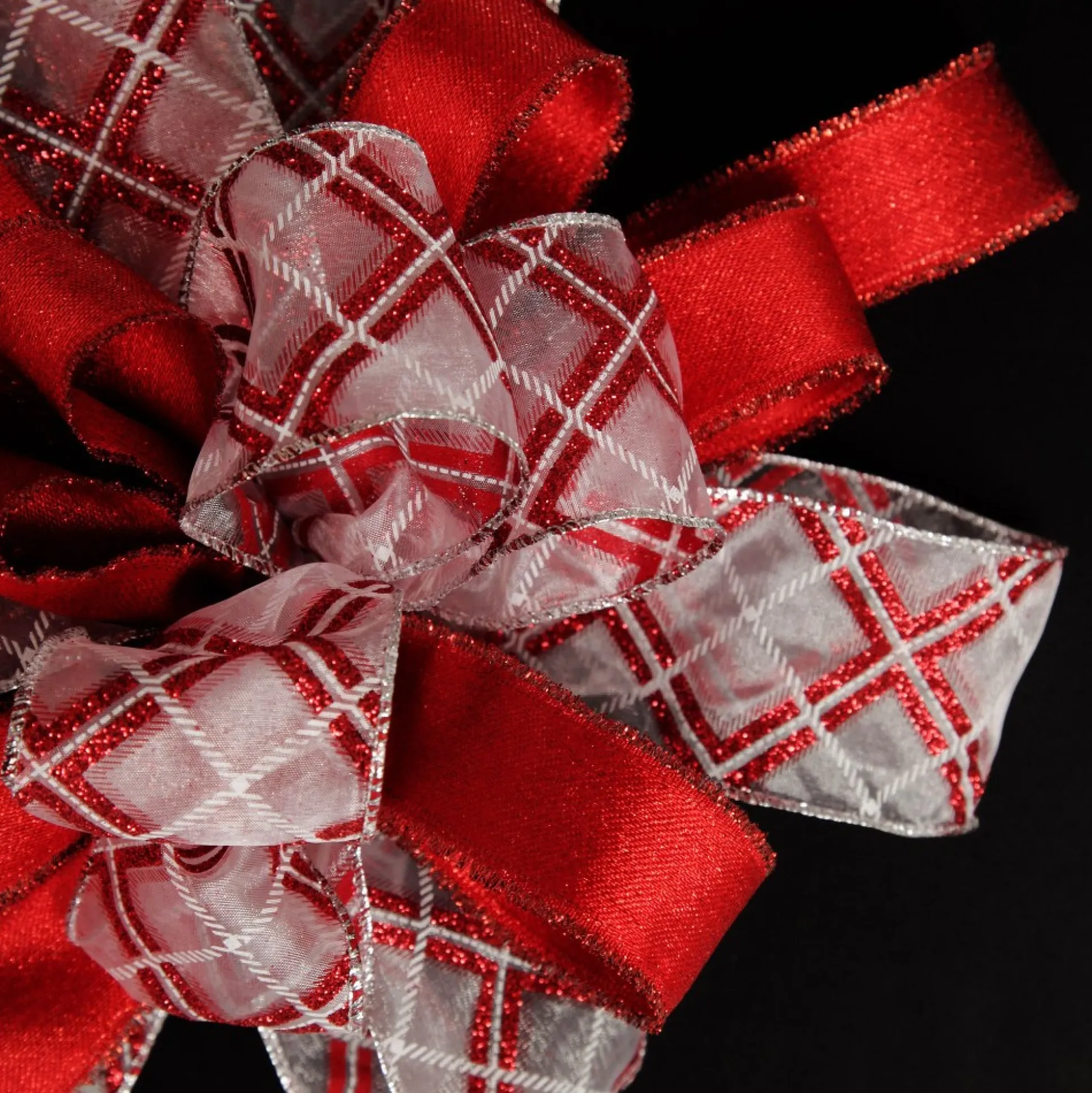 Red and White Glitter Plaid Deluxe Tree Topper Bow with Streamers Tree Toppers|