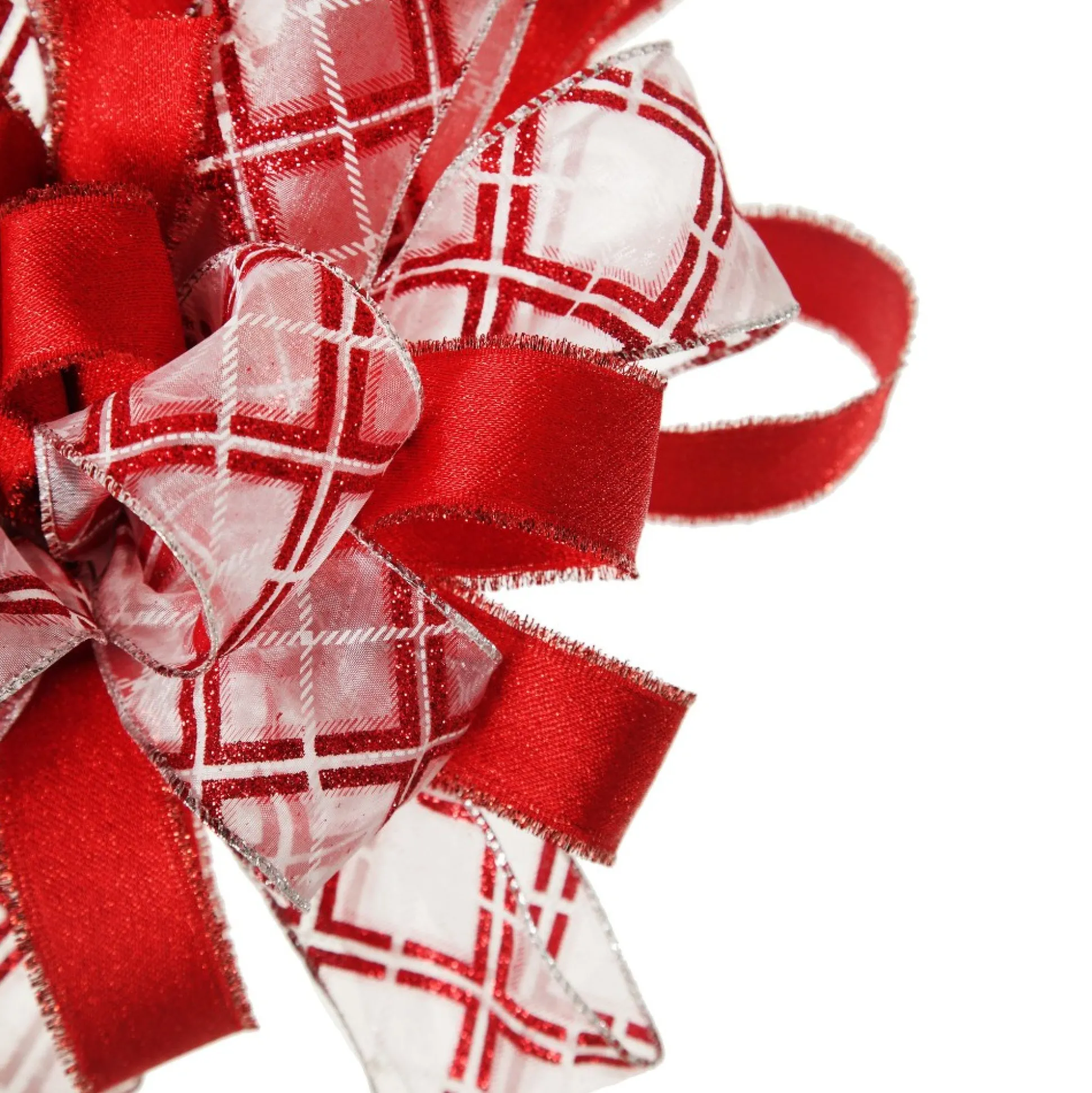 Red and White Glitter Plaid Deluxe Tree Topper Bow with Streamers Tree Toppers|