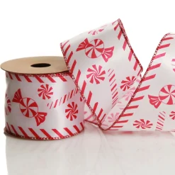 Red and White Peppermint Candy Printed Wired Christmas Ribbon Ribbons|