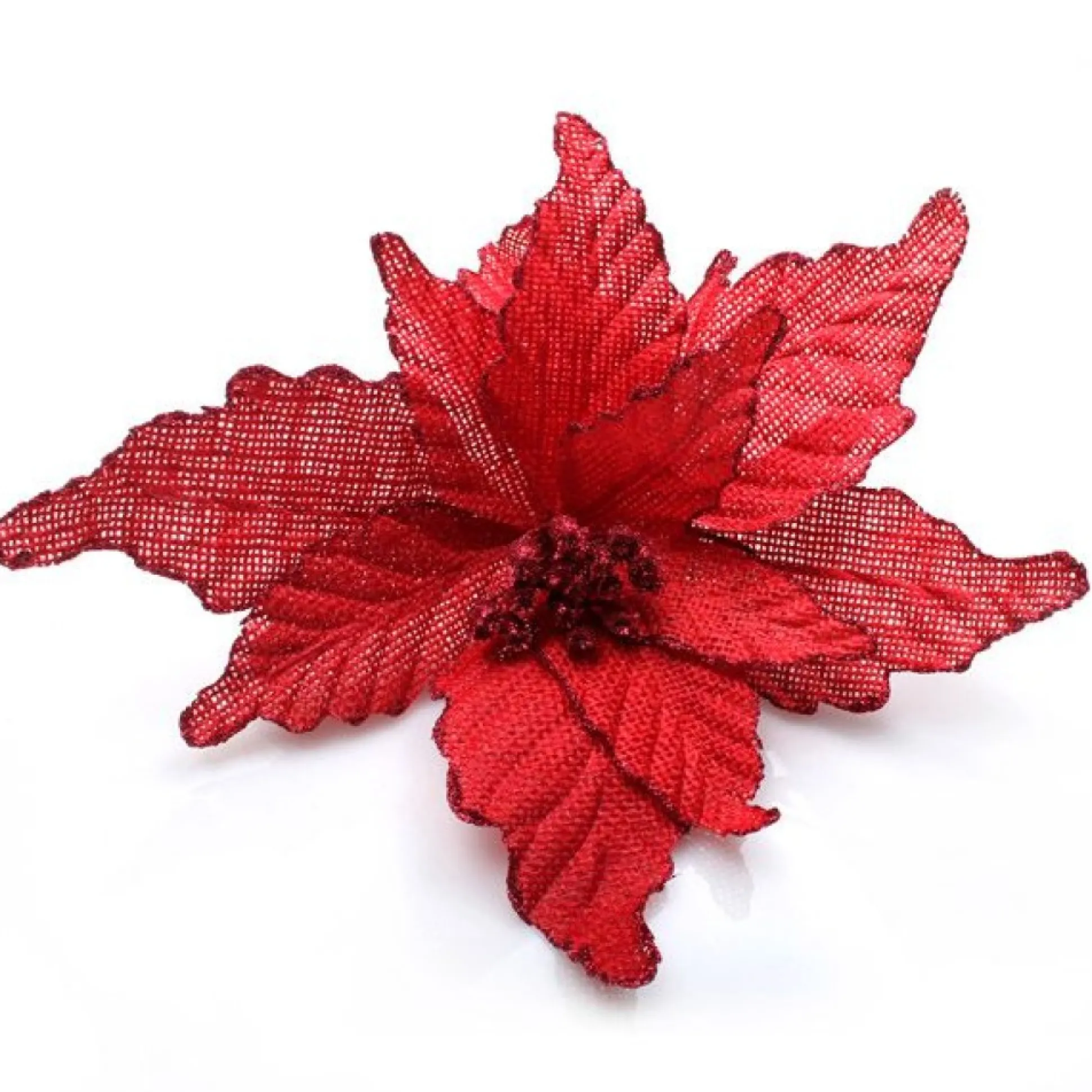 Red Burlap Flower Pick Red Glitter Trim Christmas Flowers|