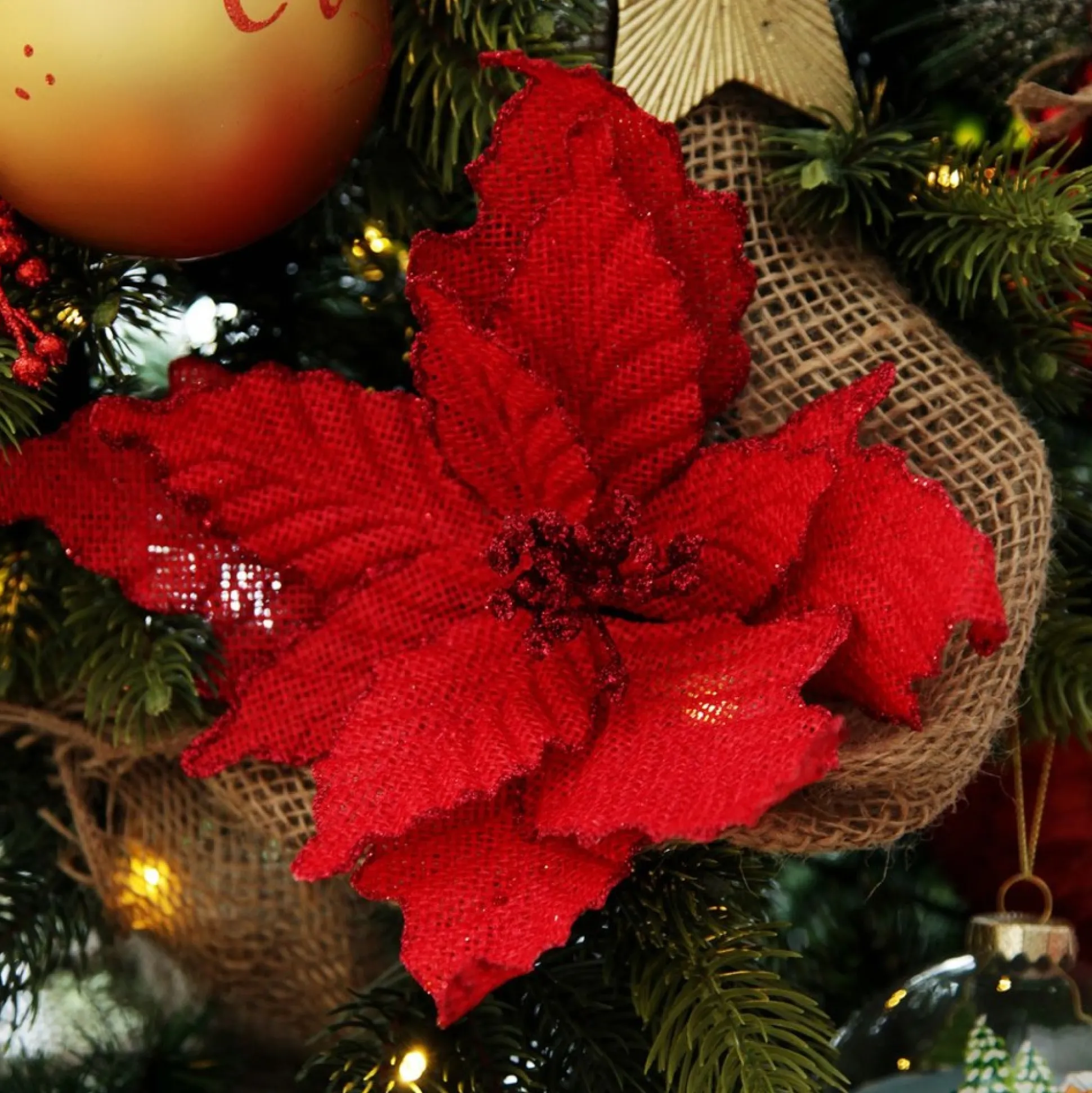 Red Burlap Flower Pick Red Glitter Trim Christmas Flowers|