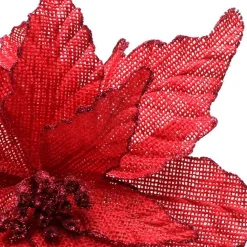 Red Burlap Flower Pick Red Glitter Trim Christmas Flowers|