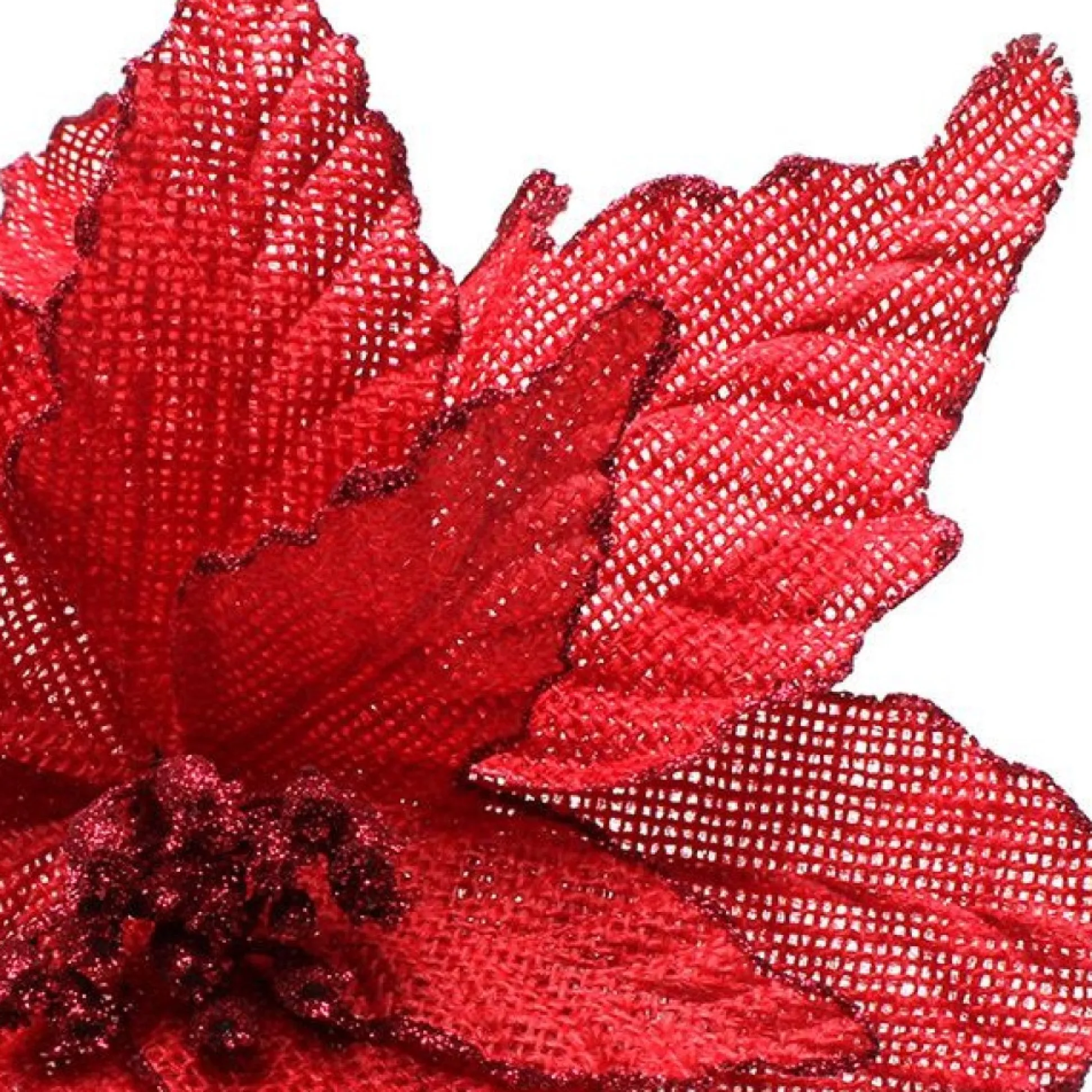 Red Burlap Flower Pick Red Glitter Trim Christmas Flowers|
