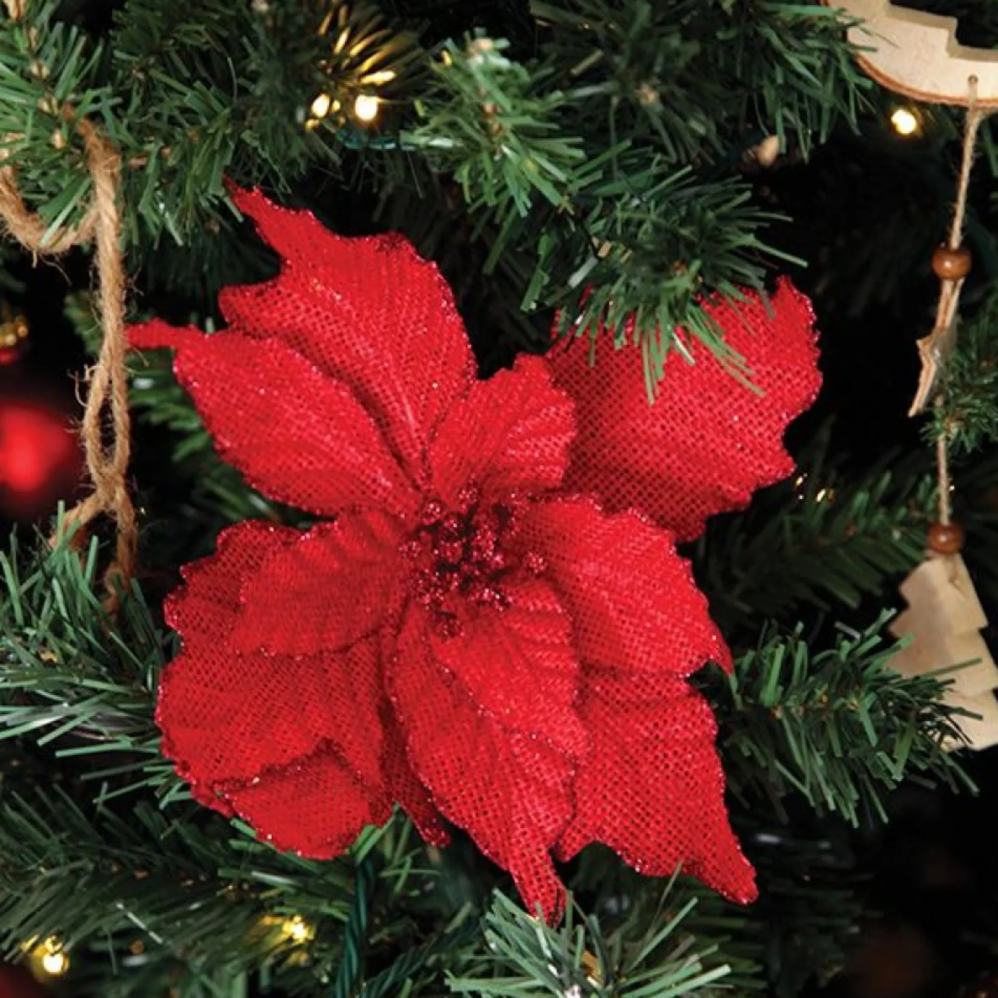 Red Burlap Flower Pick Red Glitter Trim Christmas Flowers|