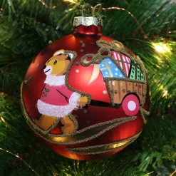 Red Christmas Bear with Cart Bauble Personalised Baubles|
