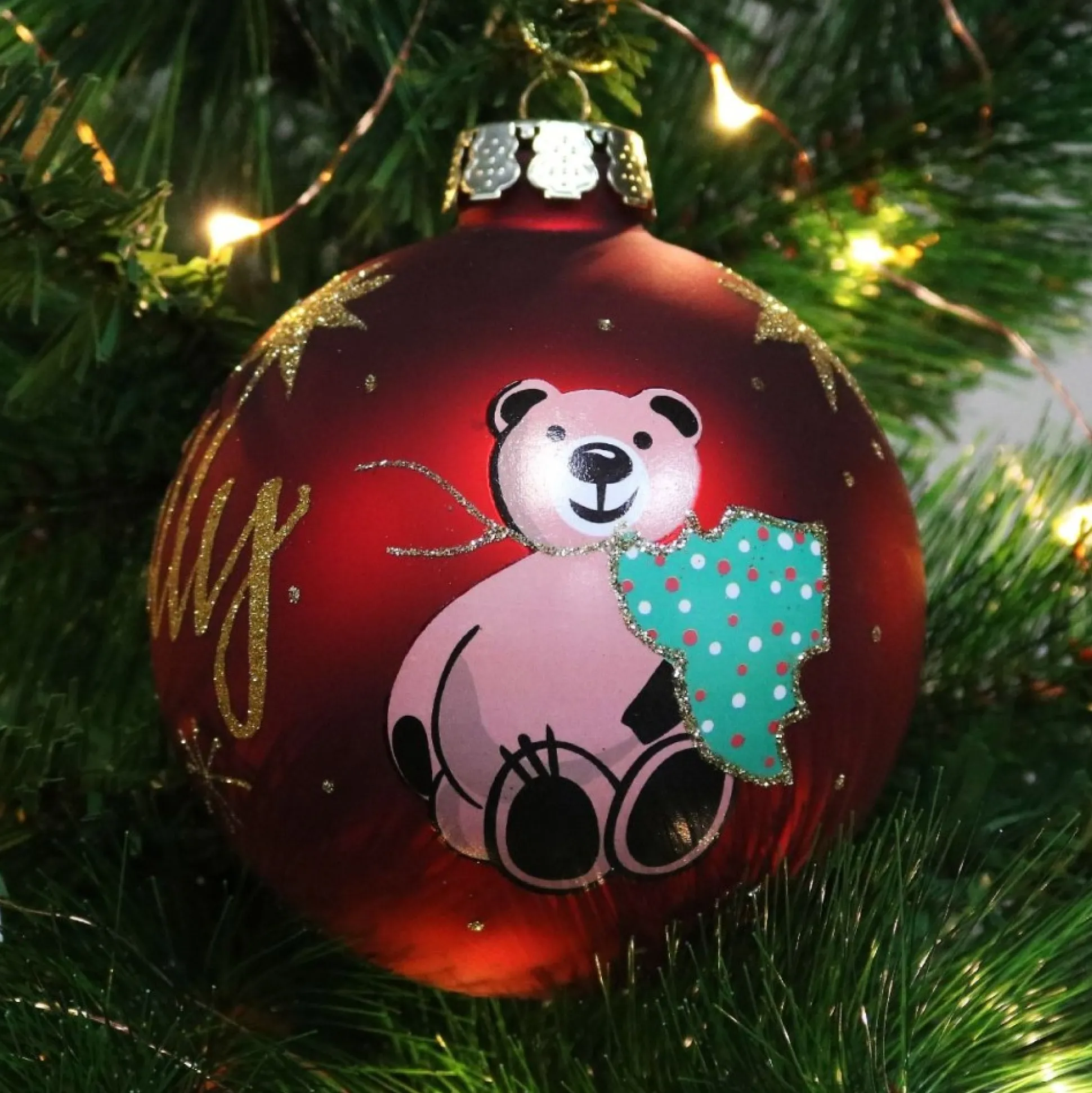 Red Christmas Bear with Tree Bauble Personalised Baubles|
